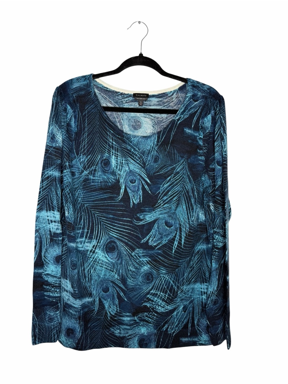 TALBOTS / teal blue pure merino wool peacock feather scoop neck sweater / XL